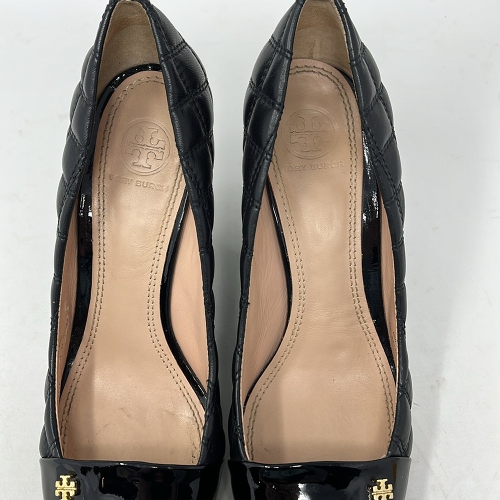 Tory Burch Black Quilted Leather Wedge Pumps - Picture 6 of 16